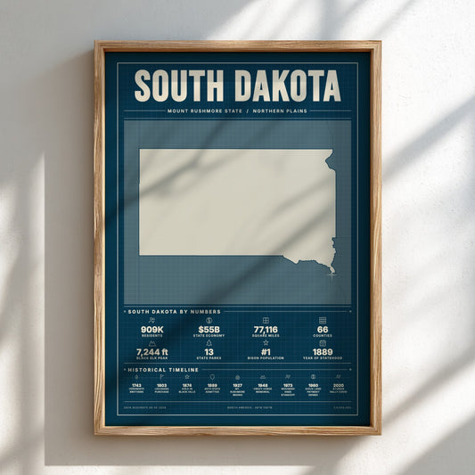 Framed map of South Dakota on a white wall