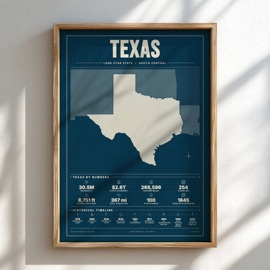 Framed map of Texas on a white wall with sunlight casting shadows.