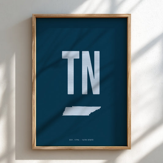 Framed poster with 'TN' and a map of Tennessee on a blue background