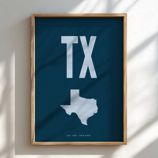 Framed poster with 'TX' and a map of Texas on a blue background