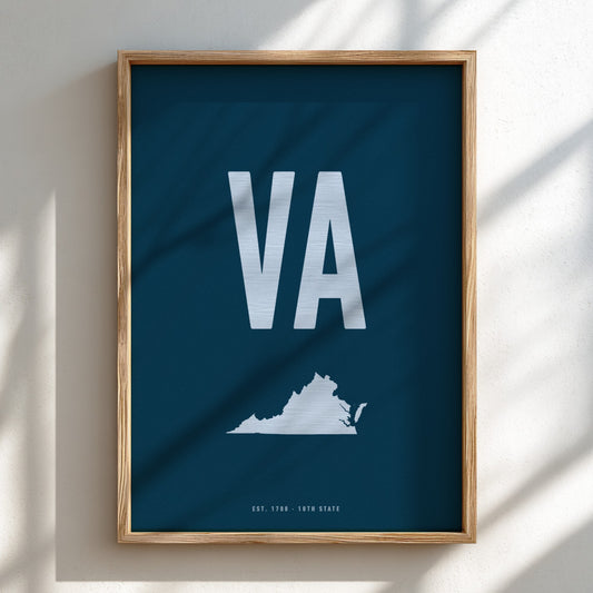 Framed poster with 'VA' and a map of Virginia on a blue background