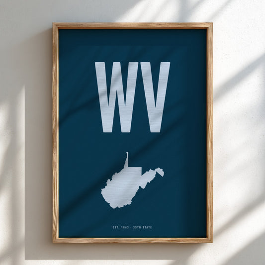 Framed poster with 'WV' and a map of West Virginia on a blue background