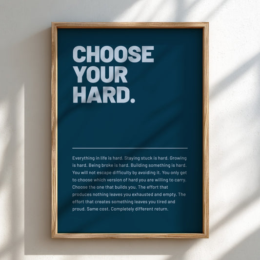 Choose Your Hard motivational poster with bold typography on a dark background, inspiring wall art for home