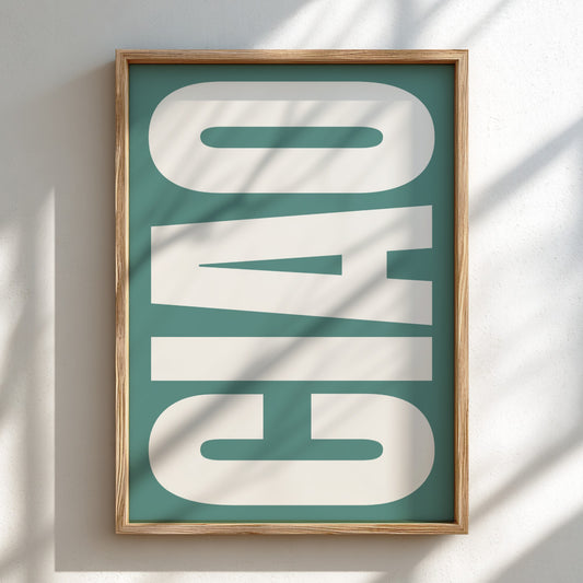 Framed artwork with 'CIAO' text on a teal background