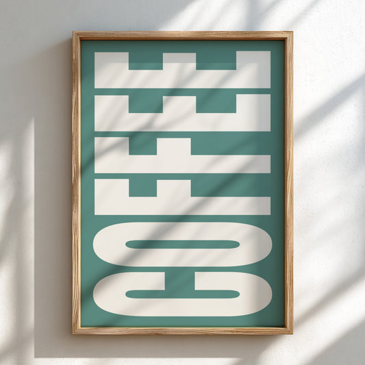 Framed artwork with 'COFFEE' text on a teal background