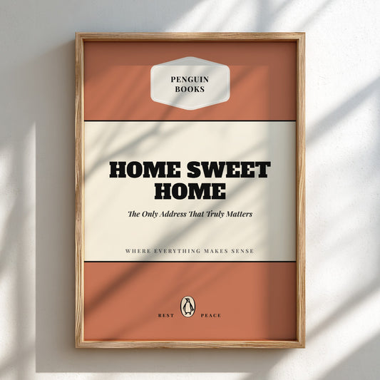 Framed Penguin Books 'Home Sweet Home' poster on a light background
