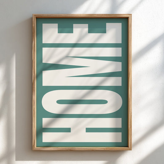 Framed artwork with 'HOME' text on a teal background