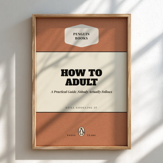 Framed book cover of 'How to Adult' by Penguin Books on a light background