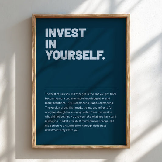Framed poster with motivational text 'Invest in Yourself' on a blue background