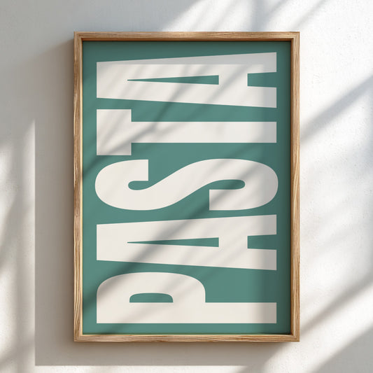 Framed artwork with the word 'PASTA' on a teal background