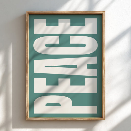 Framed artwork with 'PEACE' text on a teal background