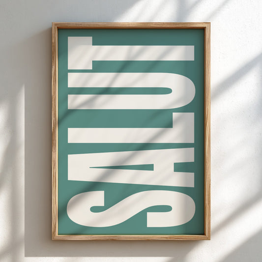 Framed artwork with 'SALUT' text on a teal background