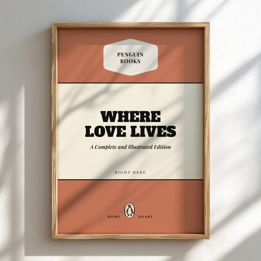 Framed book cover of 'Where Love Lives' by Penguin Books on a light background