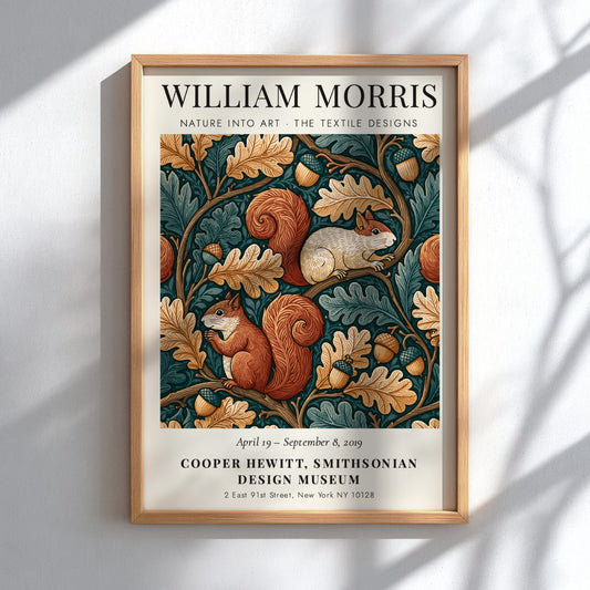 William Morris poster featuring nature designs with squirrels and oak leaves in earthy tones