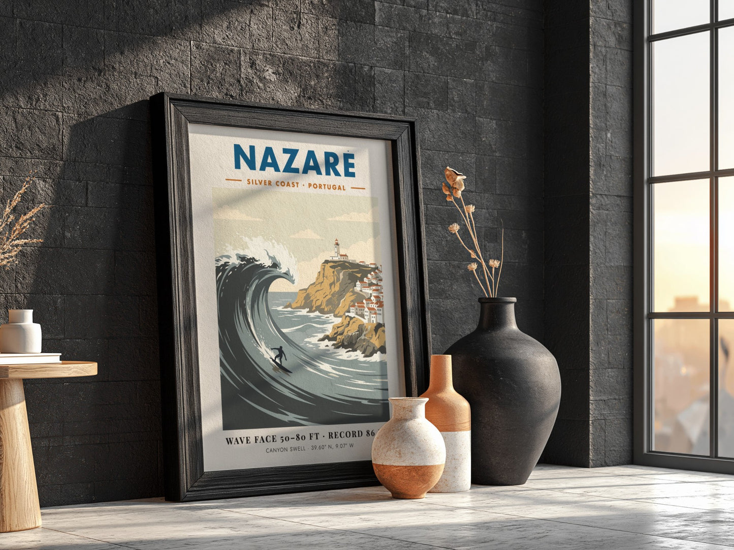 Nazaré surf travel poster featuring a massive wave, a surfer, and Portuguese lighthouse.