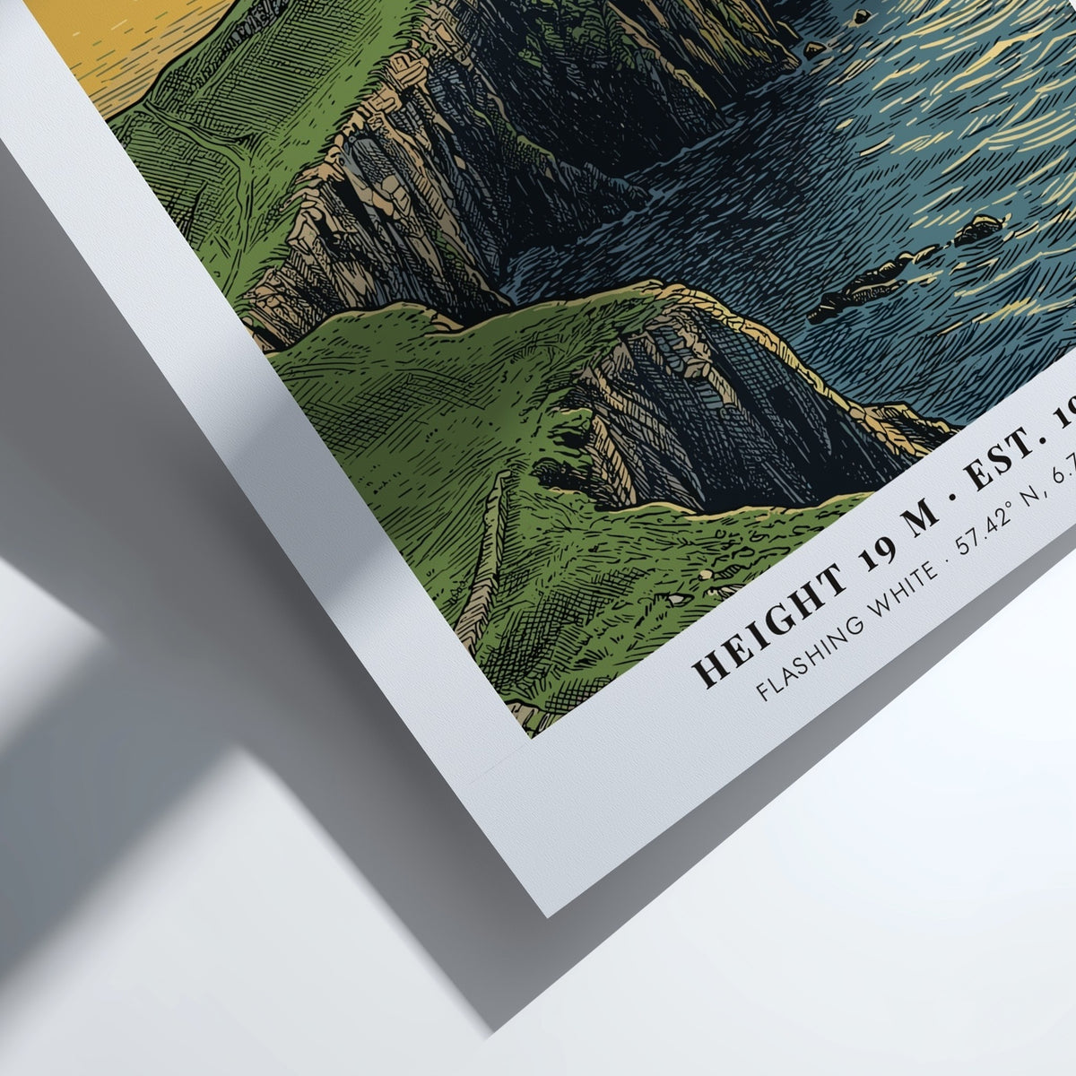 Poster of Neist Point lighthouse on the Isle of Skye with green cliffs.