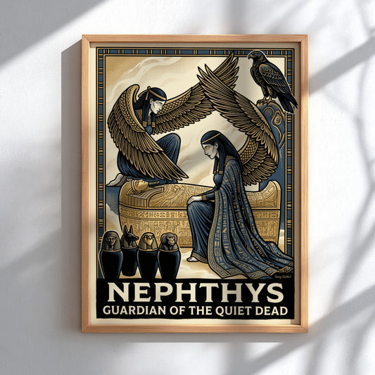 Poster featuring the Egyptian deity Nephthys with golden wings over a sarcophagus in navy.
