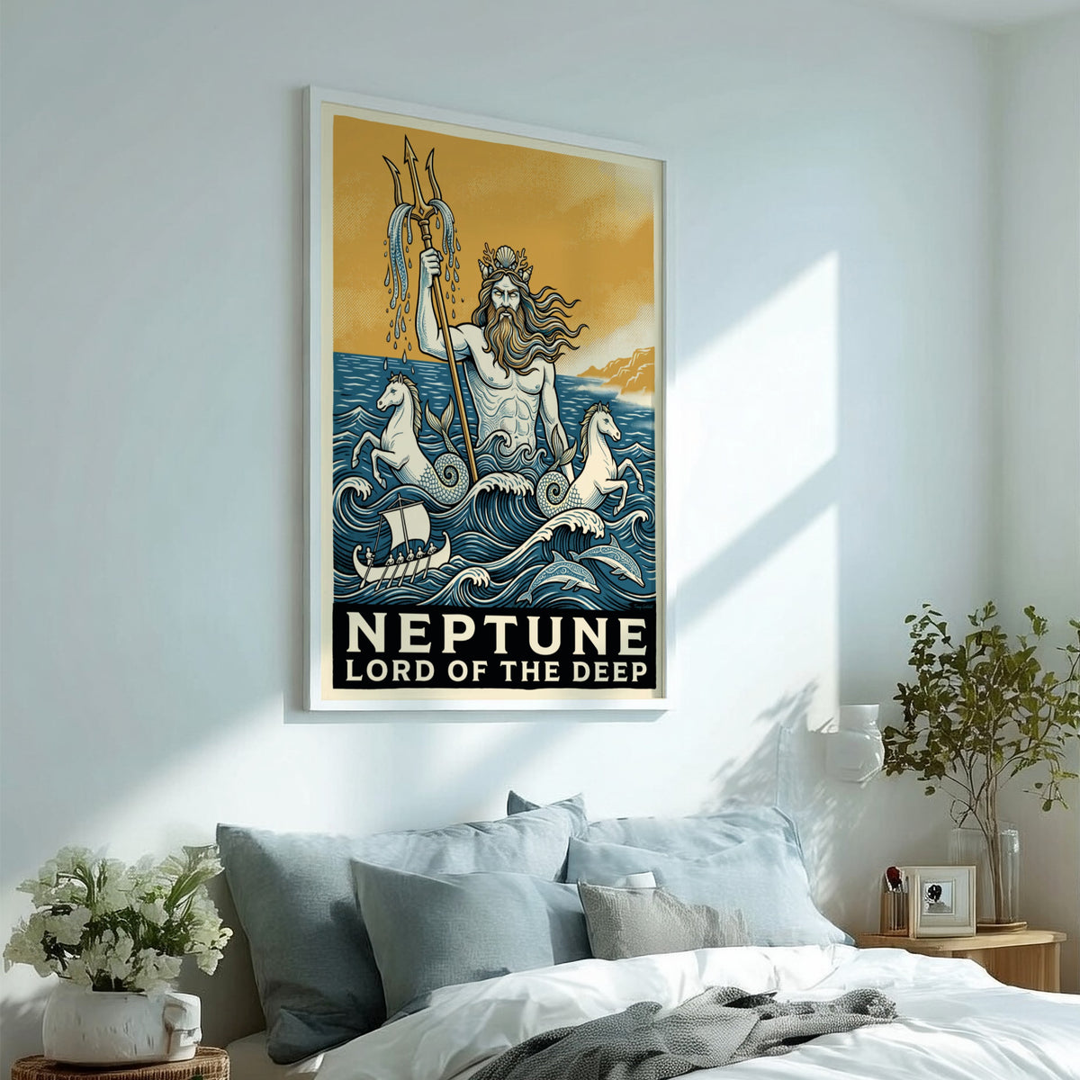 Poster of Neptune holding a trident with sea horses and dolphins in blue waves