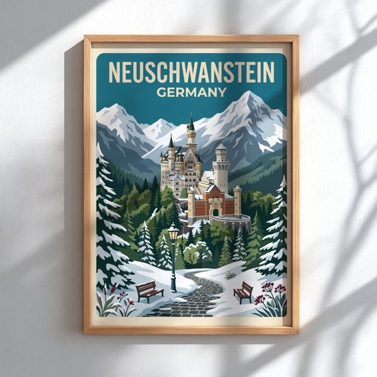 Travel poster showing Neuschwanstein Castle in Germany surrounded by snow covered mountain peaks