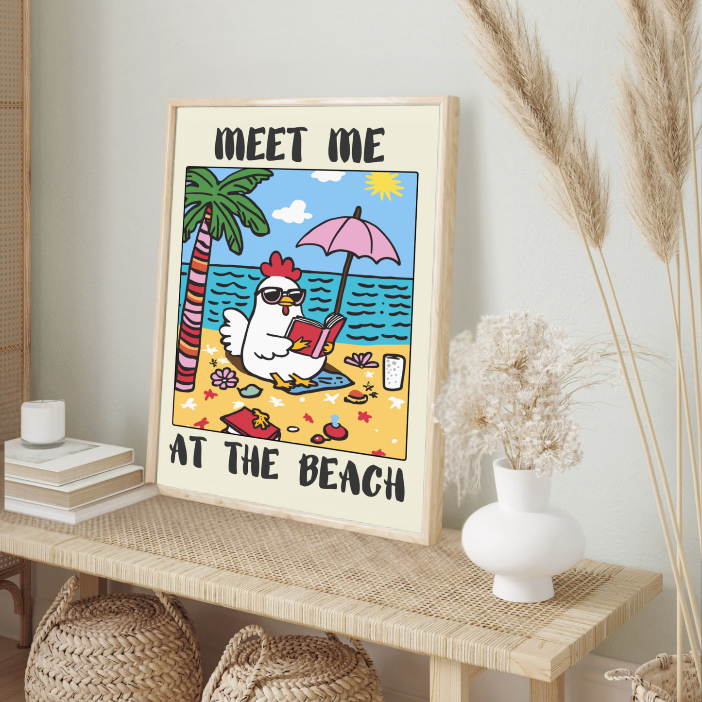 Meet Me at the Beach Funny Chicken Poster – Trendy Coastal Wall Art, Ocean Aesthetic Decor
