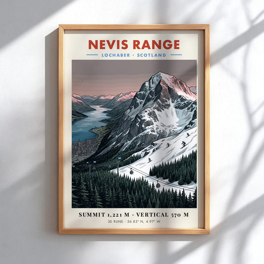 Poster of Nevis Range in Lochaber Scotland with snowy mountains and pine forests.