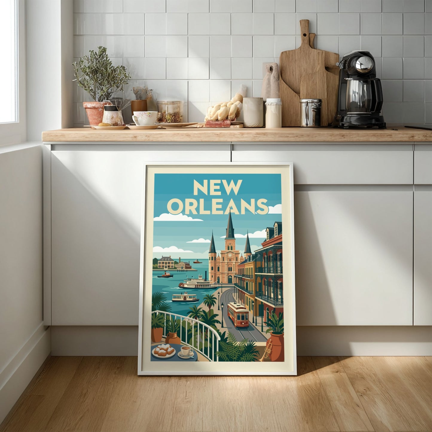 New Orleans streetcar art print with vintage style, featuring Creole architecture and a vibrant color palette.
