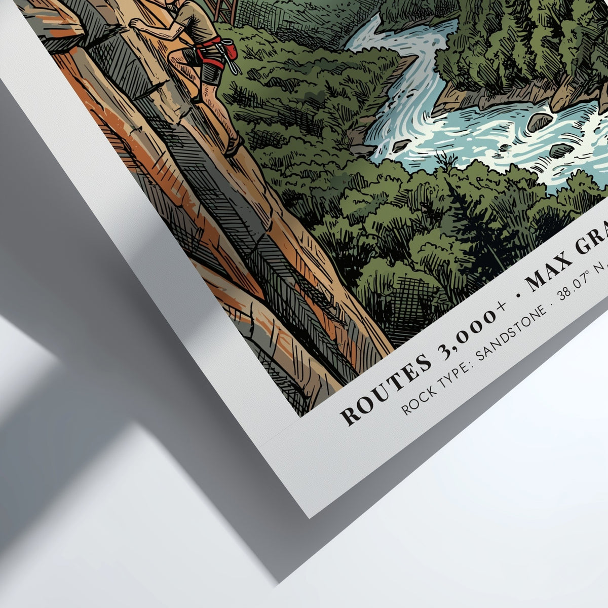 Poster featuring a climber on a sandstone cliff overlooking the New River Gorge bridge.