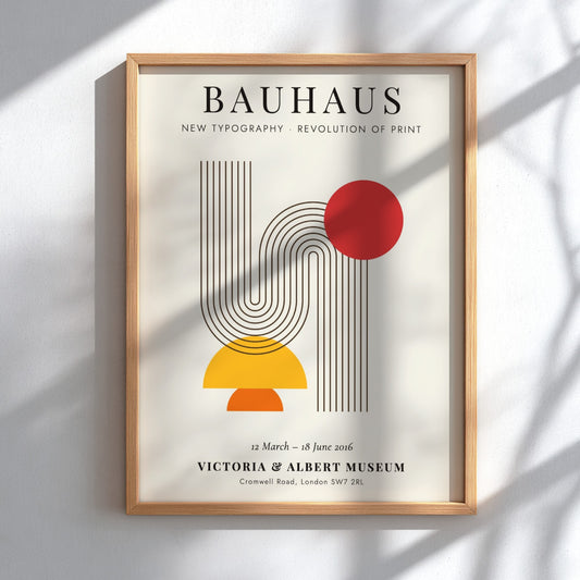 Bauhaus poster featuring new typography with geometric shapes and vibrant colors