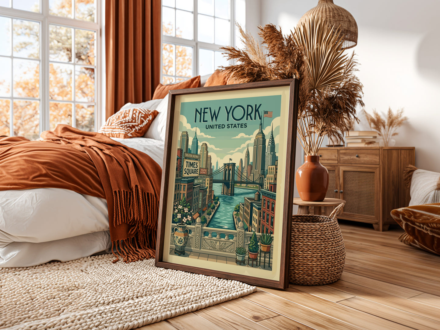 Vintage New York Cityscape travel poster featuring the Brooklyn Bridge and skyscrapers in a retro art style.