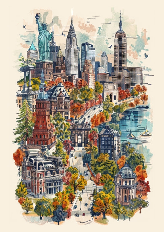 Affiche de voyage avec carte des attractions de New York