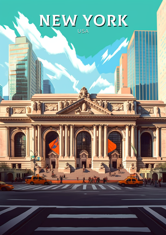 Impression de voyage à New York - Œuvre d'art du bâtiment de la bibliothèque publique