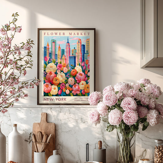 Flower market poster featuring colorful flowers and New York skyline