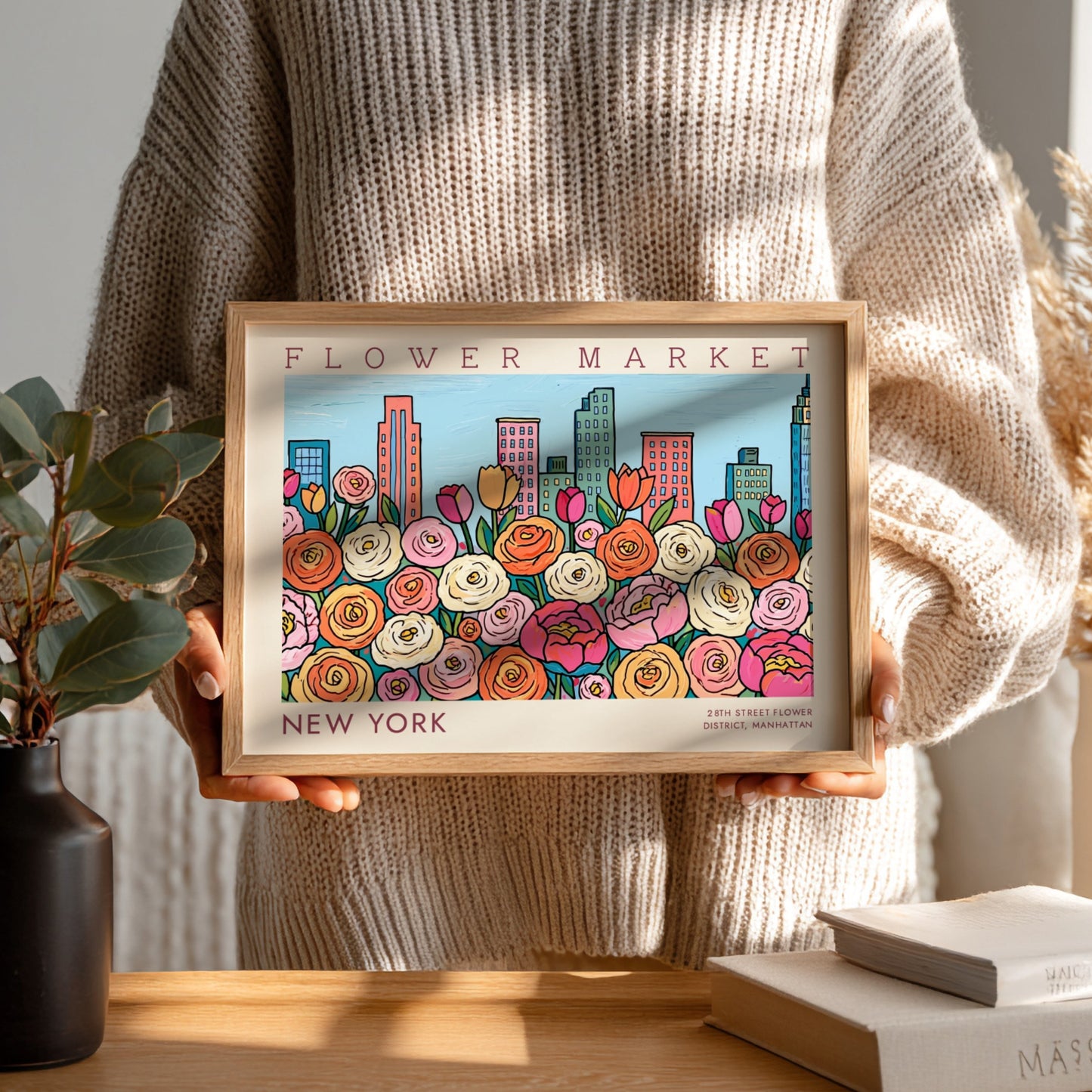 New York flower market poster featuring colorful roses and city skyline in vibrant style