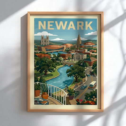 Retro style poster of Newark cityscape with river, landmarks, and vintage cars.