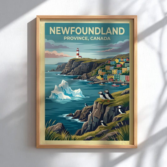 Travel poster of Newfoundland Province Canada featuring a lighthouse, colorful houses and puffins.