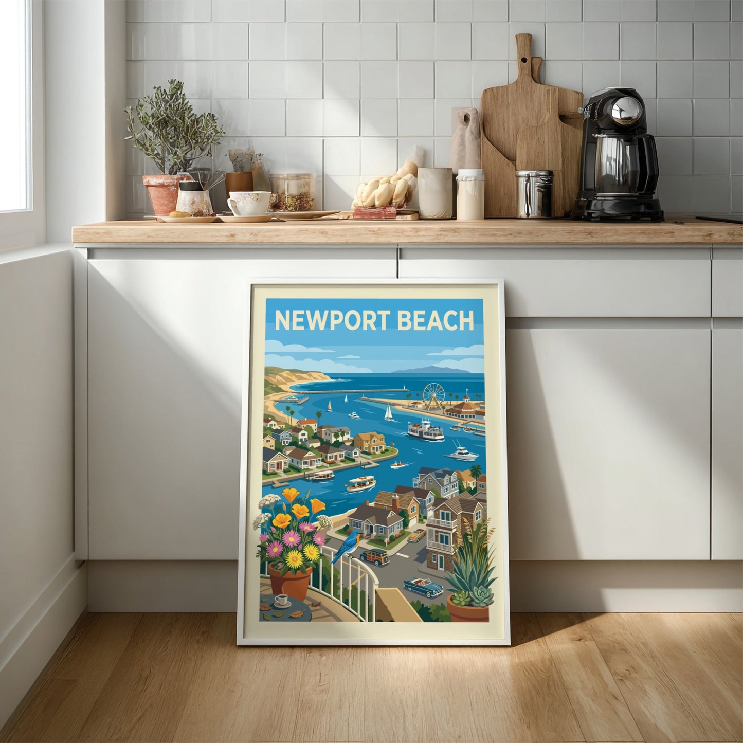 Newport Beach harbor art print with boats, houses, flowers, and a bluebird.