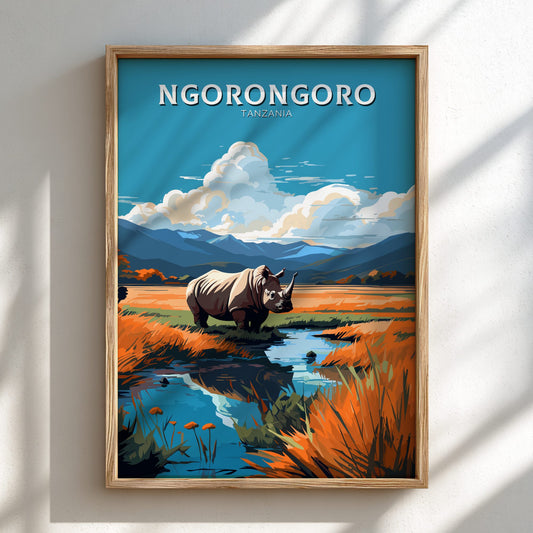 Framed artwork of a rhino in a natural setting with 'Ngorongoro Tanzania' text.