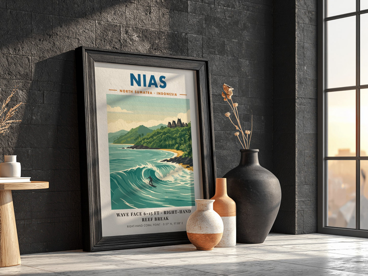 Nias North Sumatra Indonesia poster featuring a surfer on a large ocean wave