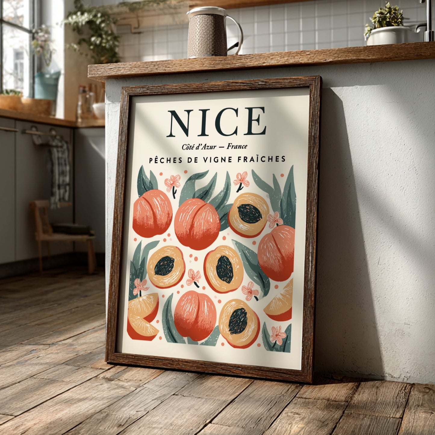 Peach kitchen poster featuring vibrant peaches and green leaves, perfect for home decor.