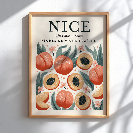 Peach kitchen poster featuring vibrant peaches and green leaves, perfect for home decor.