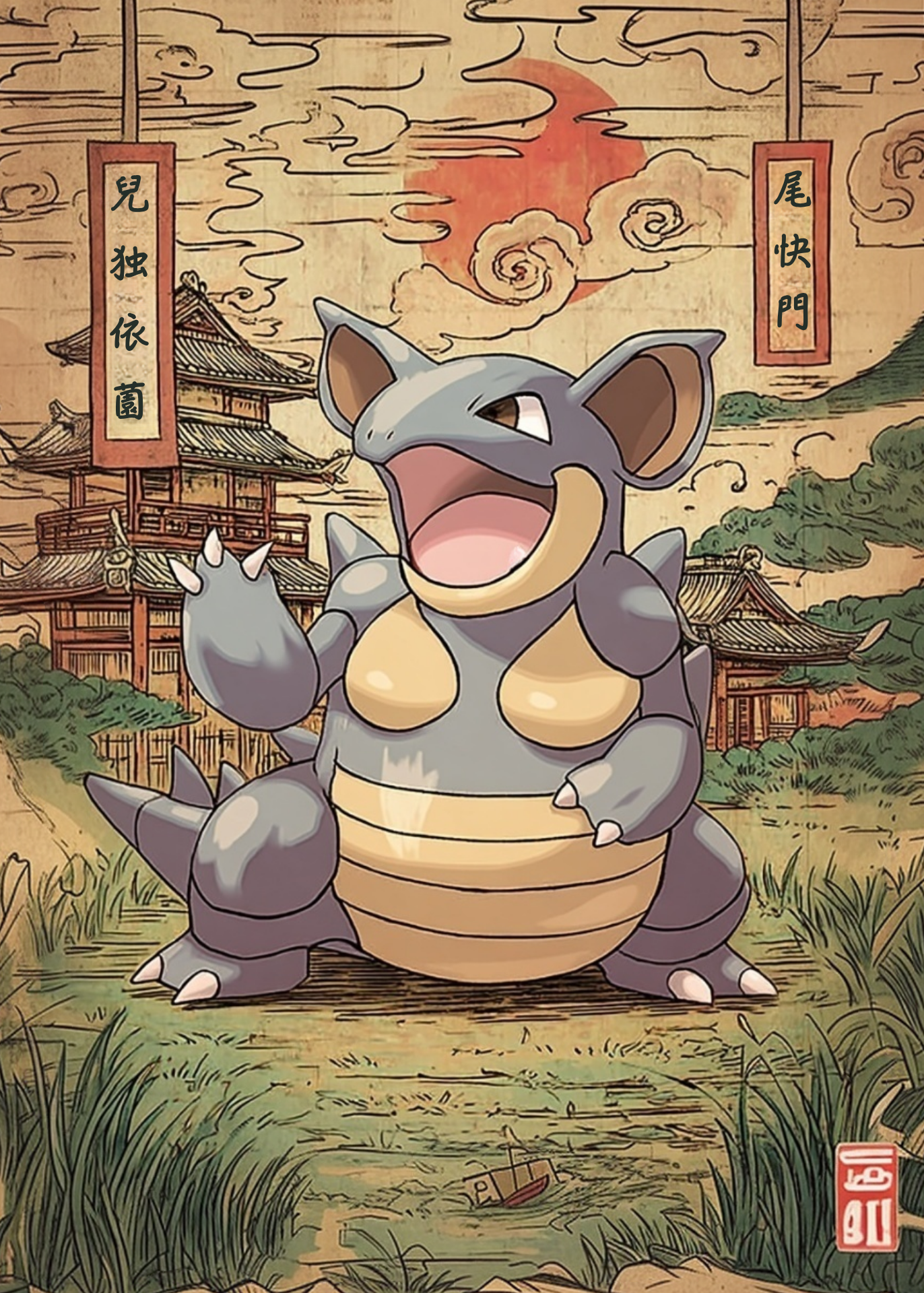Nidoqueen Pokemon character in a traditional Japanese setting with a sunset and buildings.