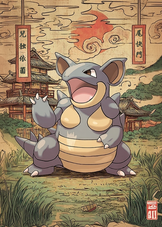 Nidoqueen Pokemon character in a traditional Japanese setting with a sunset and buildings.