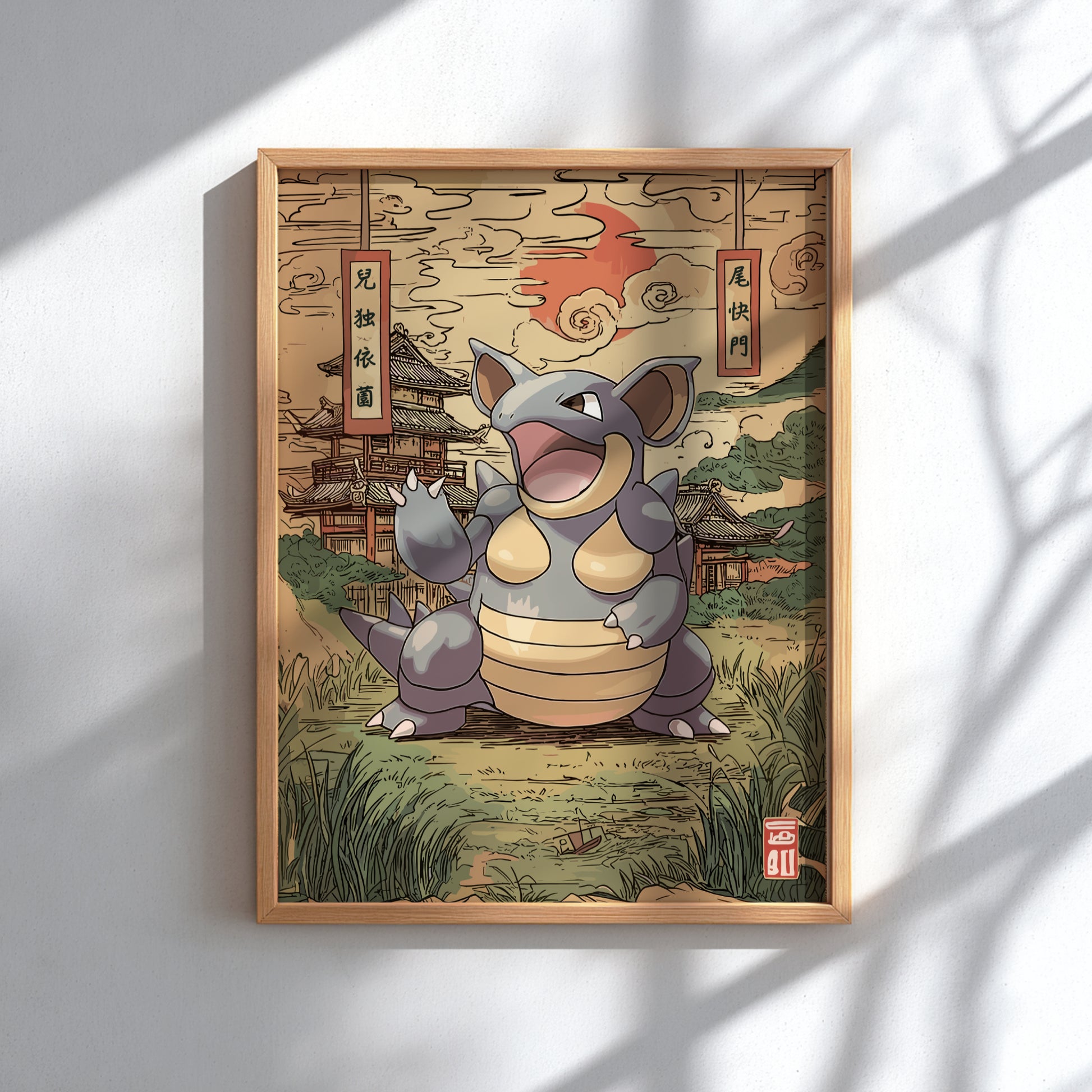 Framed artwork of Nidoqueen Pokemon in a traditional Japanese setting with wooden frame.