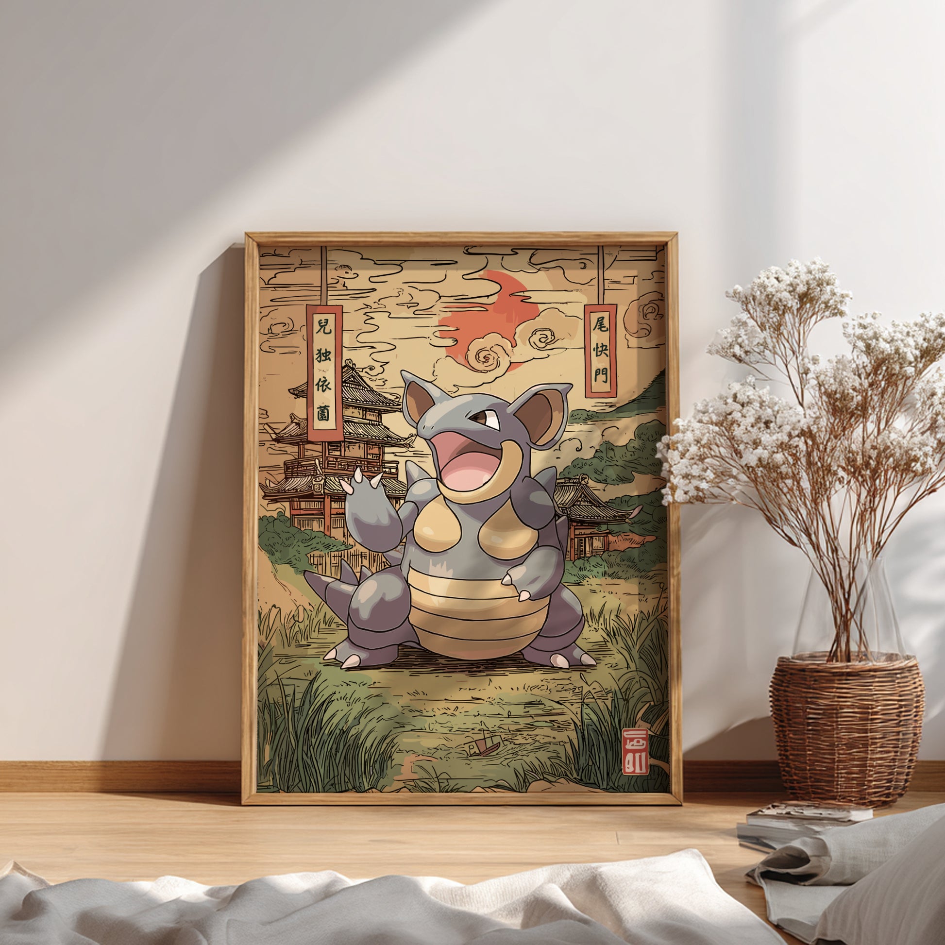 Framed artwork of Nidoqueen Pokemon character in a traditional Japanese setting on a wall.