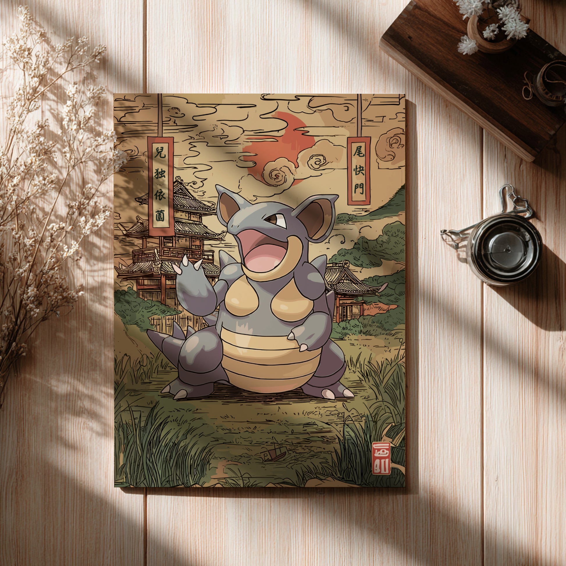 Illustration of Nidoqueen Pokemon creature on a wooden surface with decorative elements.
