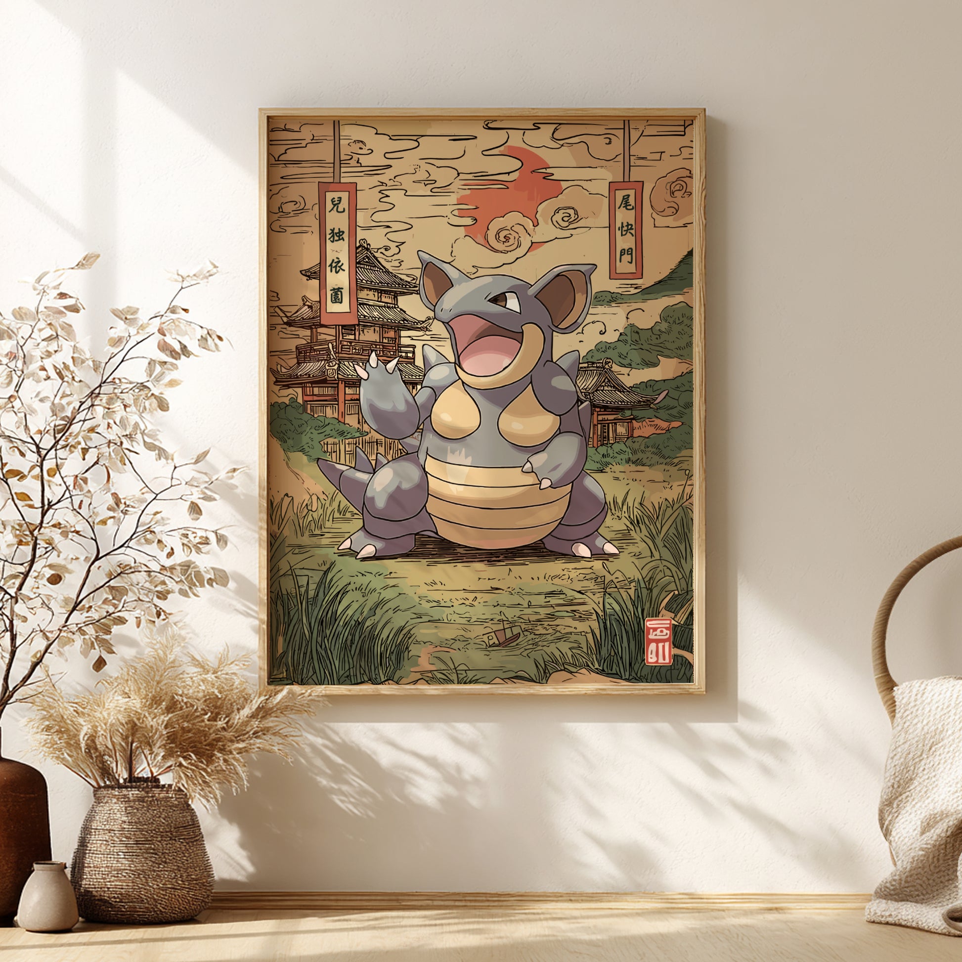Framed artwork of a stylized Nidoqueen Pokemon in a traditional Japanese setting on a wall.