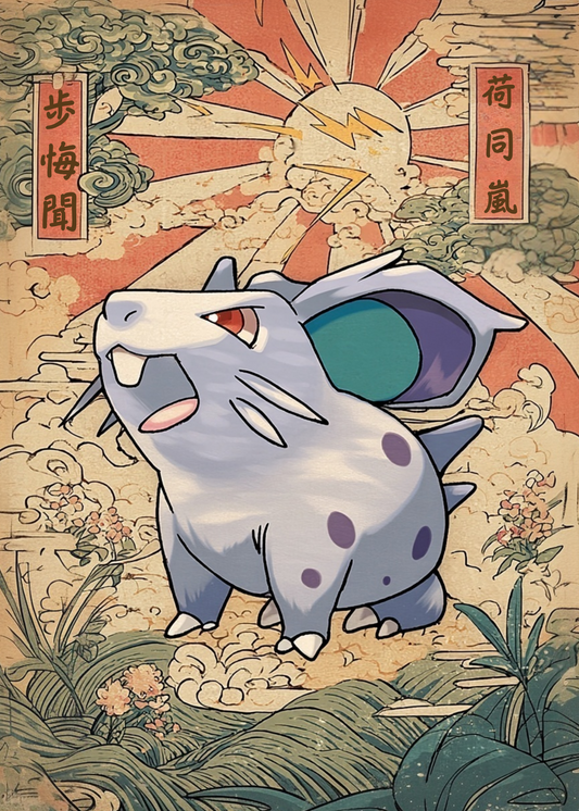 Nidoran Pokemon character resembling a large creature with a traditional Japanese design in the background