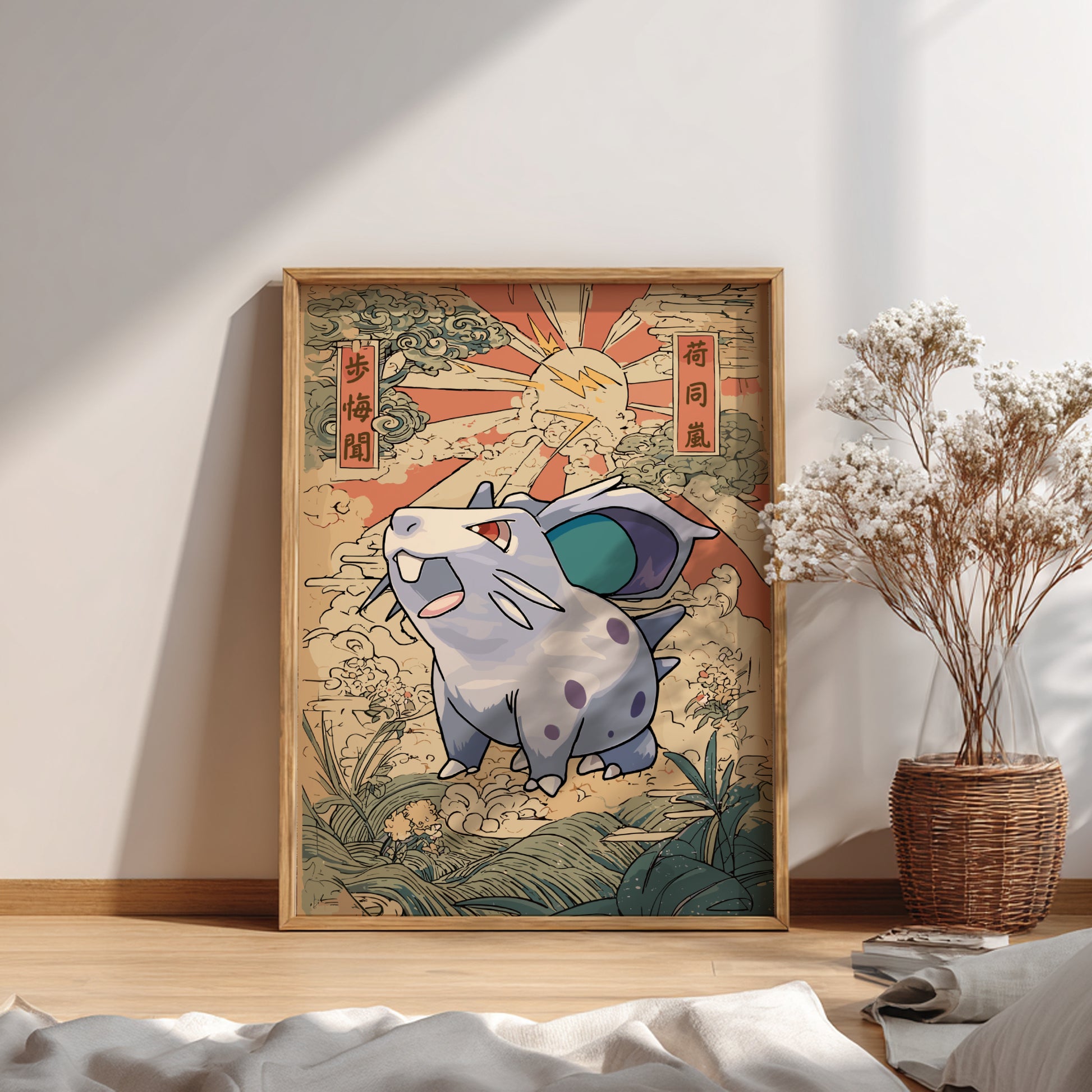Framed artwork of a stylized Nidoran Pokemon with a Japanese-style background on a wall.