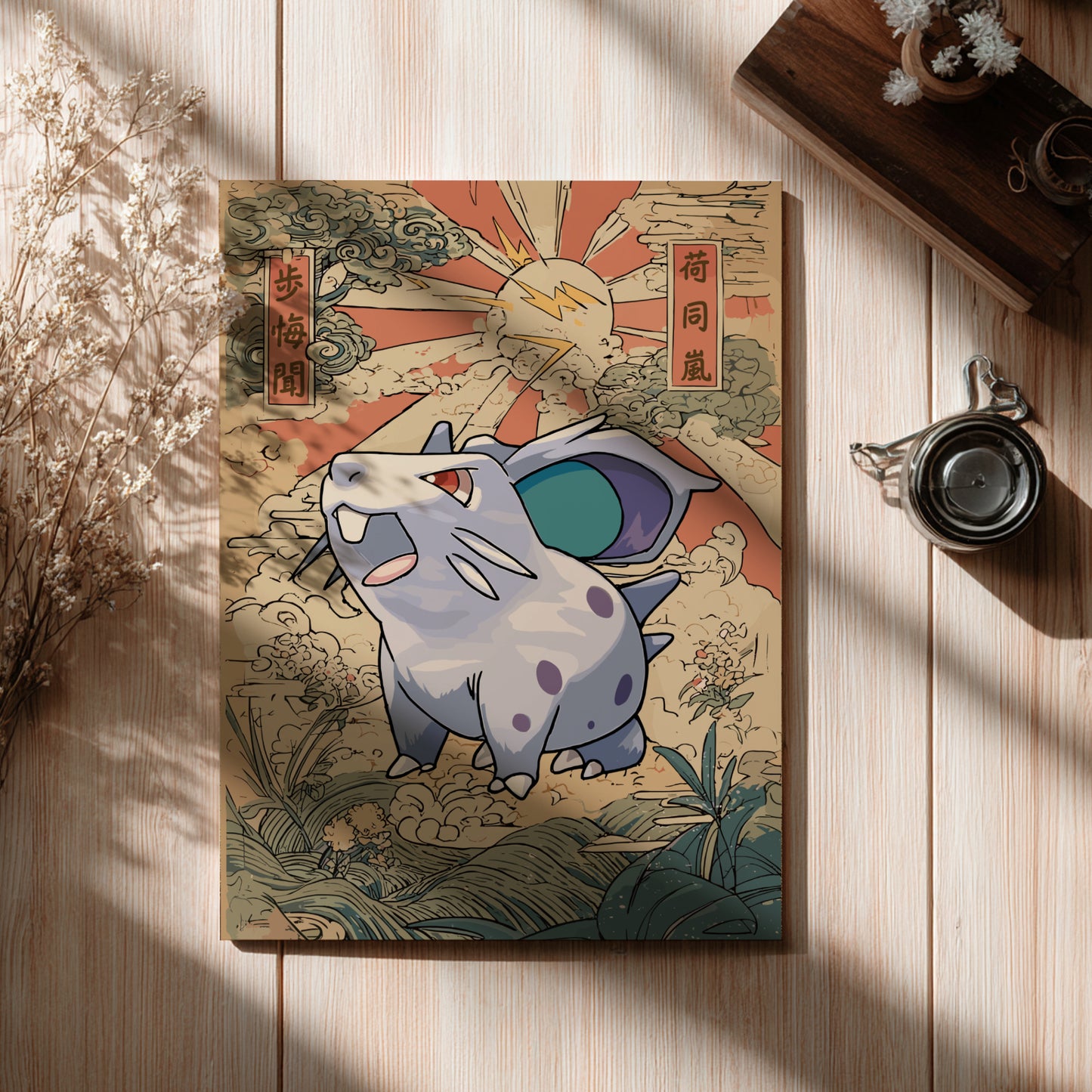 Decorative box with Nidoran Pokemon character on a wooden surface