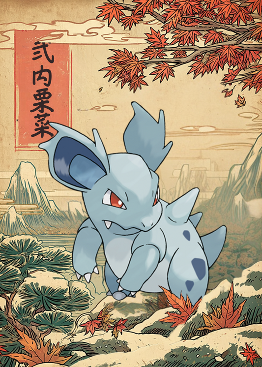 Nidorina Pokemon character in a stylized Japanese landscape with Mount Fuji and autumn leaves.